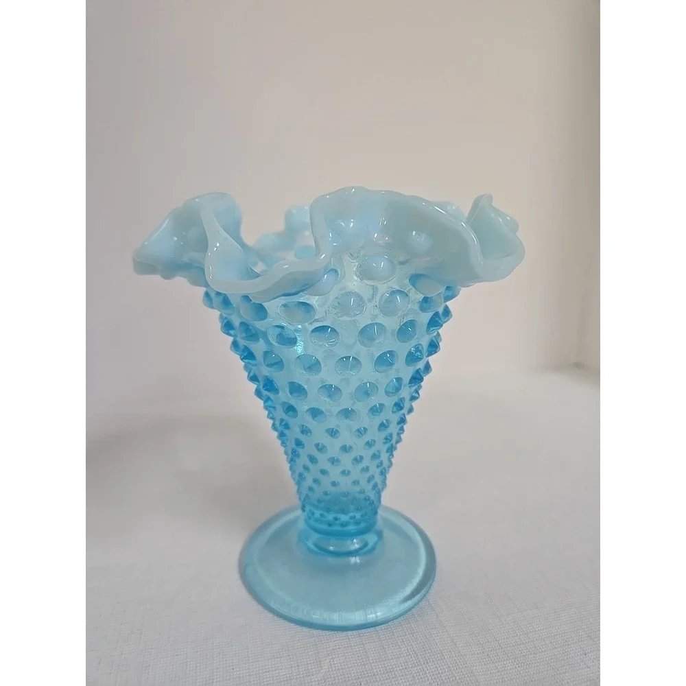 Vintage Fenton Aqua Blue Opalescent Hobnail Ruffled Vase 5 1/2
